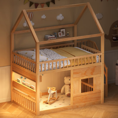 Full Size Wooden Kids House Bed with Built-in LED Shelf, Guardrails & Ladder, Natural