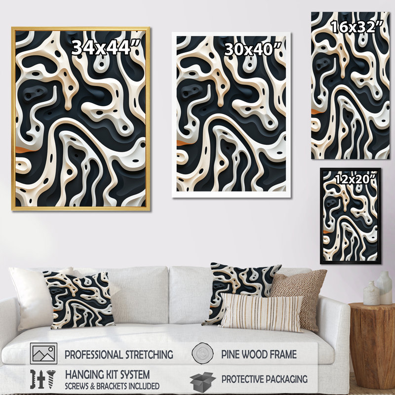 Noir et blanc, motif de labyrinthe II - art mural abstrait, salon, H 20 po x l 12 po x P 1 po, Toile tendue