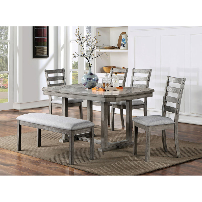 Rustic Dining Table With Gray Shade, Diamond Wood Grain Pattern, Wire-brushed, Trestle Base, Rectangular, 6 Seats Color And Wire-brushed Finish, Rectangular Shape,