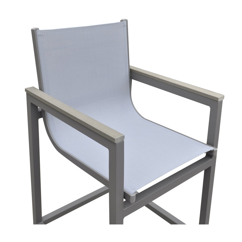 Aloys Outdoor Barstool in Gray Powder Coated Finish with Gray Sling PVC-coated polyester and Wood Accent Arms
