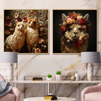 Floral Alpaca Portrait Wool Grandeur I - Animals Alpaca Wall Art Prints Set Of 2