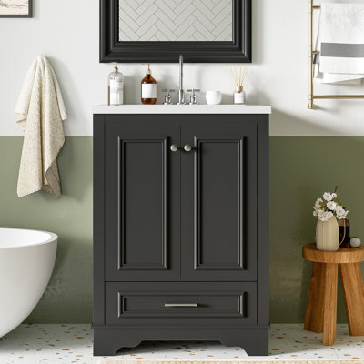Meuble-lavabo de salle de bain en céramique 24 po - armoire moderne noire, tablette réglable, accent argenté, grande surface lisse avec poignée, rangement organisé, polyvalent,