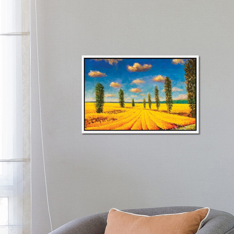 Farm Field Against Background Of Tall Cypress Trees by Valery Rybakow - Painting on Canvas, 45.72cm H x 66.04cm W x 3.81cm D