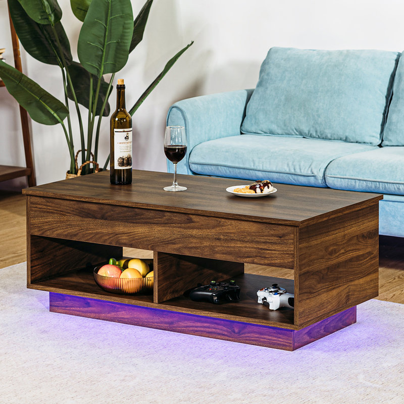 Lift Top Coffee Table With LED Light & Hidden Compartment & Open Shelves, Brown
