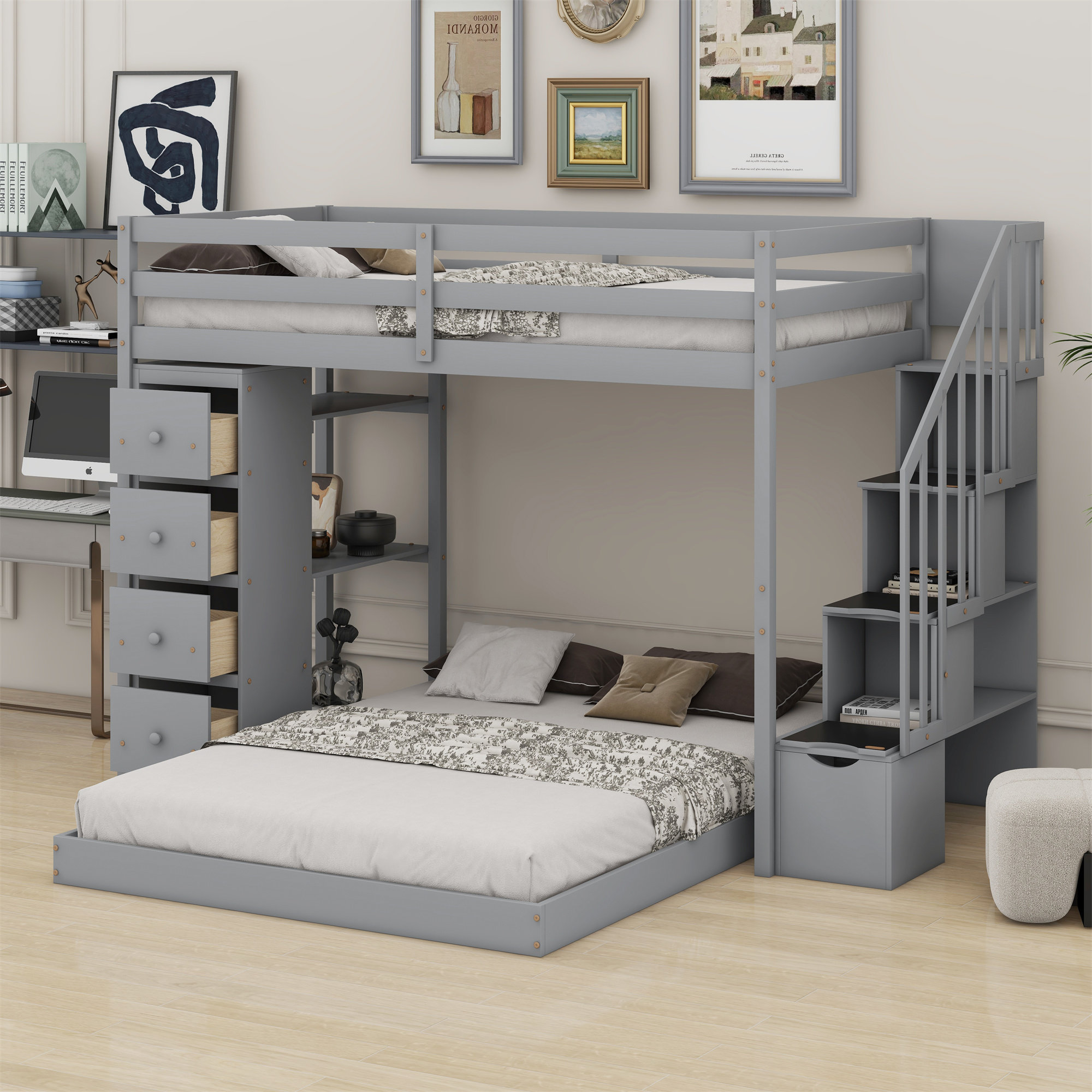 Harriet Bee Twin Over Full Bunk Bed With Shelves, Drawers And Storage ...