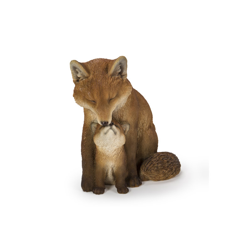 Hand Painted Brown Polyresin Mother and Baby Fox Garden Statue