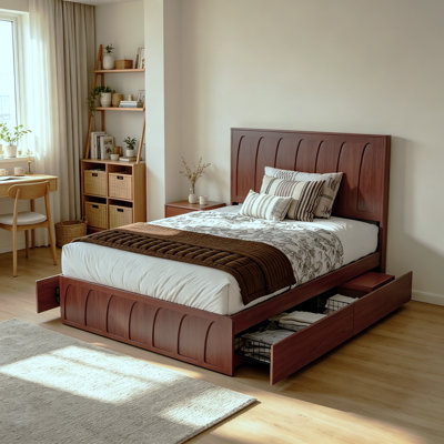 Lit plateforme avec 4 tiroirs de rangement et une tête de lit haute, structure de lit en bois avec support en fer et profil minimaliste robuste et sans bruit pour la chambre d'amis de la chambre principale, bois naturel, grand