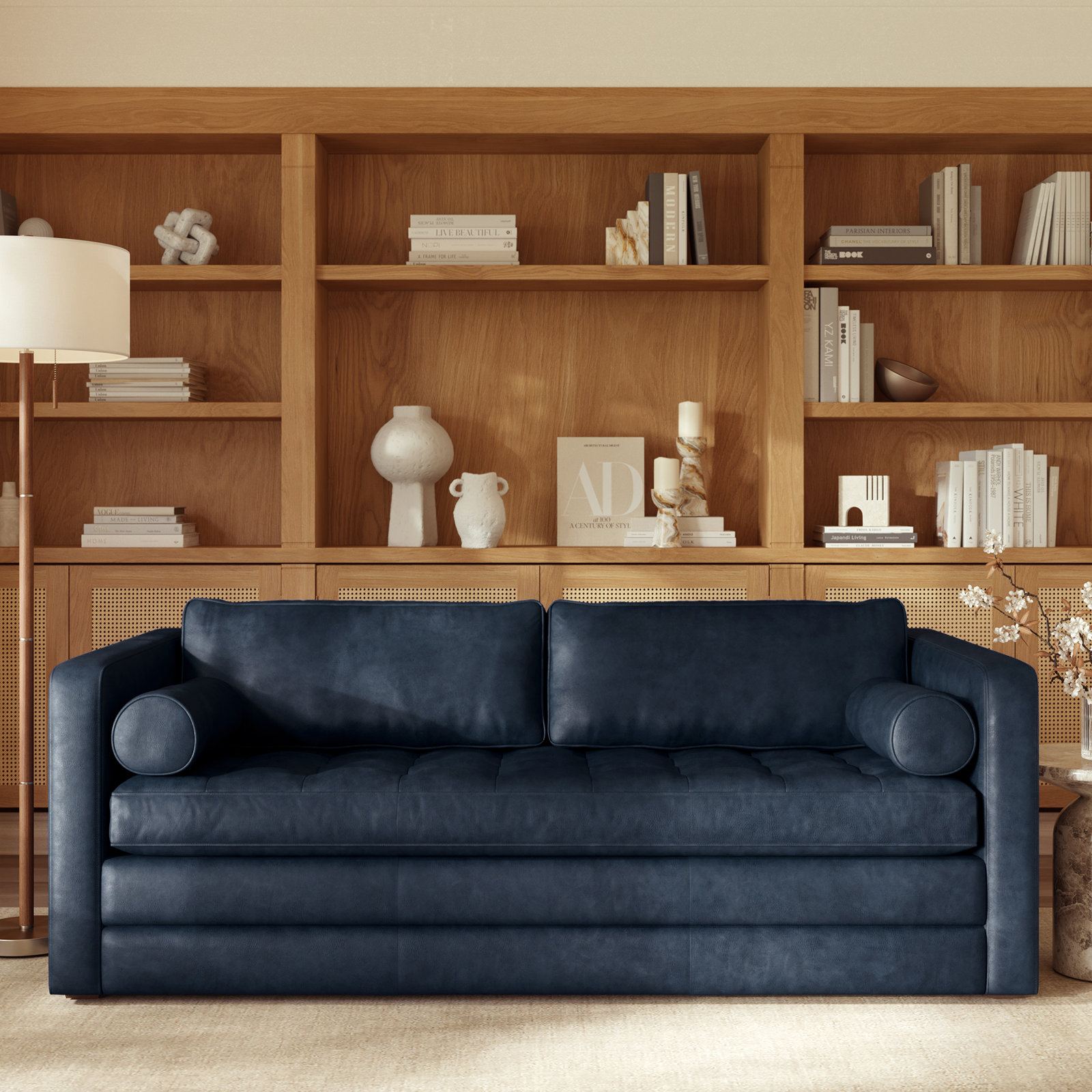 Bismarck 82" Genuine Leather Sofa Bed, Nightfall Blue Full Grain Leather