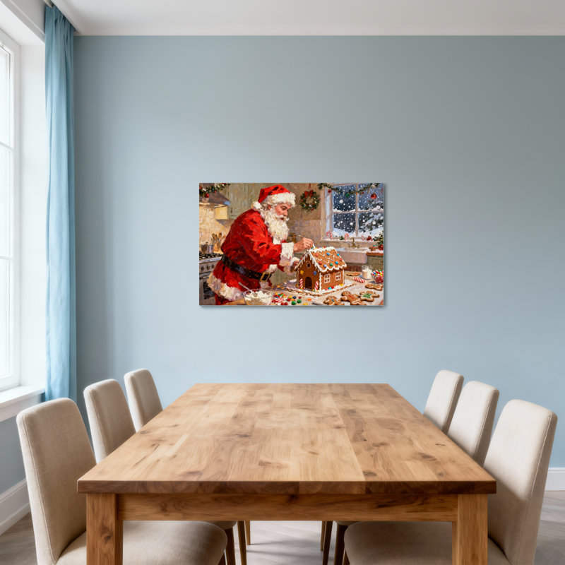 Père Noël décorant la maison en pain d'épice dans la cuisine, H 12 po x l 18 po