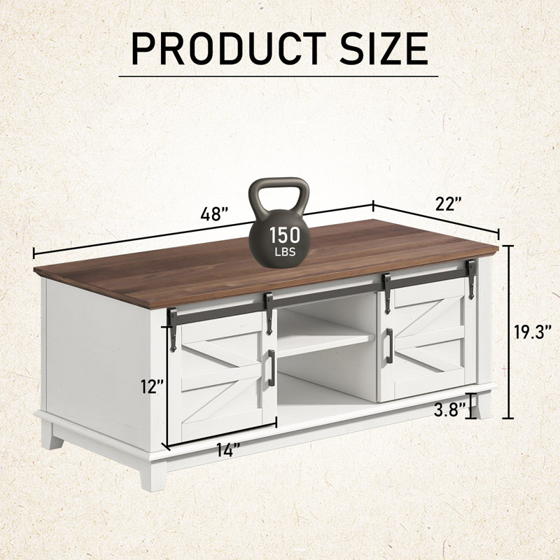 Hutchison  Farmhouse Coffee Table With Sliding Barn Doors, 48'' Living Room Table With Storage Adjustable Shelves