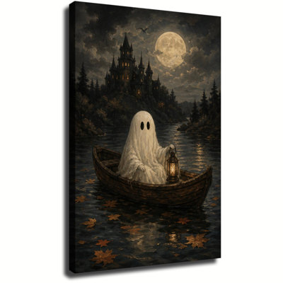 Tableau à l'huile vintage représentant un fantôme naviguant en bateau de bois sous la pleine lune près du lac du château sombre, décoration murale sur toile pour l'Halloween