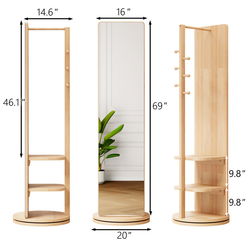 Miroir pleine grandeur en bois massif avec rotation à 360 ° et crochet de rangement, convient au rangement des crochets du magasin de vêtements, couloir