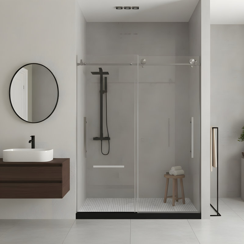 Frameless shower door 44-48 "W x 76" H, 1/4 "(6 mm) Clear Tempered Glass, Explosion Proof Film, Stainless Steel Handle,Brushed Nickel