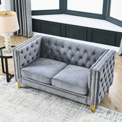 Fashionable Living Room Velvet With Buttons, Gray Tone Cozy Grey Button Detailing For Area, Tone, Version