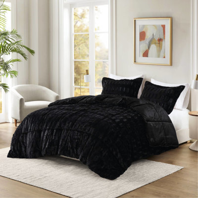 2 Pcs Black Faux Fur Comforter Mini For Twin/Twin Xl, Stylish Brushed Fur, Soft Mink Reverse, And Machine Washable Without Fabric Softener Xl Solid Black, Shams Included, Filling, Box Sewn To Fill