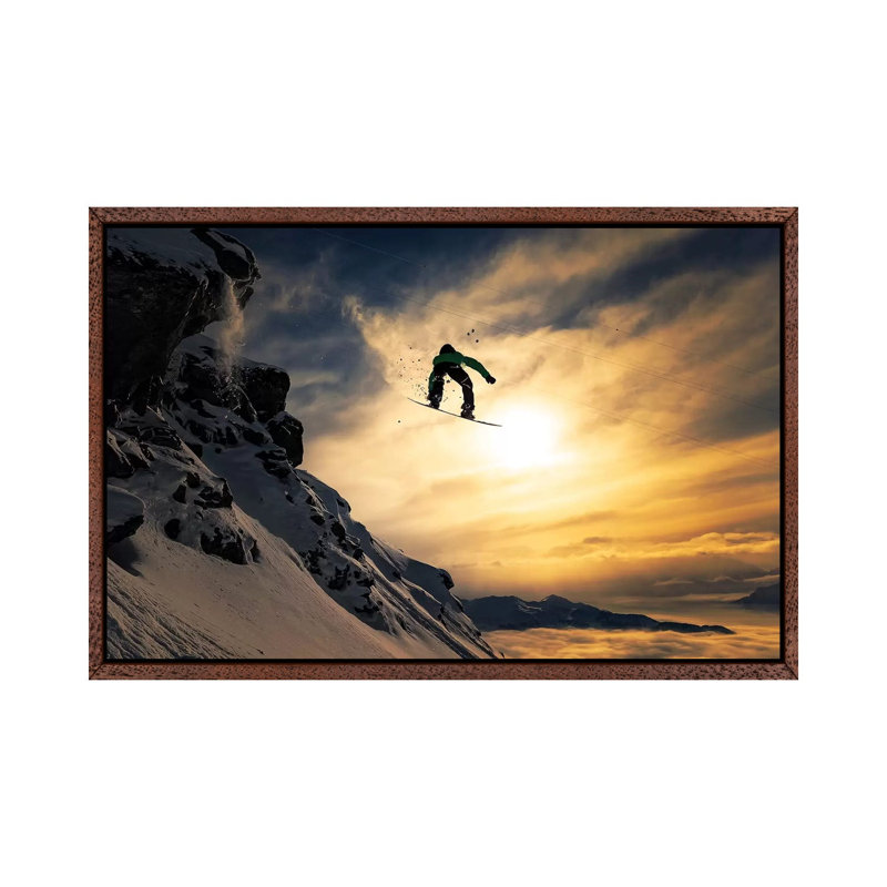 Sunset Snowboarding by Jakob Sanne - Print on Canvas, 45.72cm H x 66.04cm W x 3.81cm D, Classic Brown Wood Floater Framed