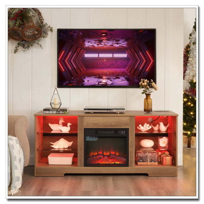 TV Stand Electric Fireplace TV Stand with Glass Shelves, 3D Fireplace TV Stand with LED Lights Wood with USB Charging Outlet