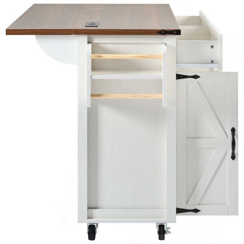 Durarte 53.5"W Kitchen Island, Locking Wheels, Drop Leaf, White, Manufactured Wood