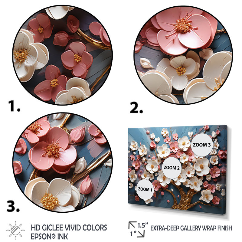 Orchidée rose et or jardin de branches I - art mural arbre, Cadre flottant noir, H 16 po x l 32 po x P 1 po