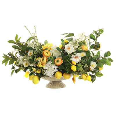 23"hx39"wx26"l Peony/rose/ Tulip/ranunculus/lemons In Cement Plate Yellow White
