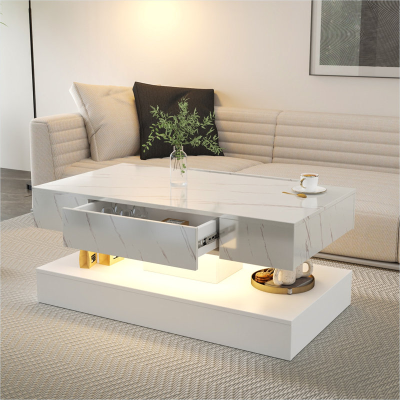Table basse de rangement avec éclairage DEL, 39,37 po x 21,65 po, stratifié marbre blanc pur