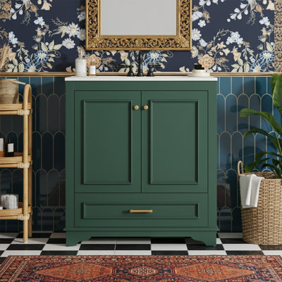 30" Wide Freestanding Bathroom Vanity with Ceramic Sink Top - Solid Wood Frame - Elegant Carved Pattern Doors with Soft Close Hinges - Versatile Storage Cabinet