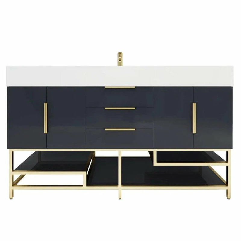 Meuble-lavabo 60 po style transitionnel avec portes et tiroirs à fermeture en douceur, Gris à haute brillance