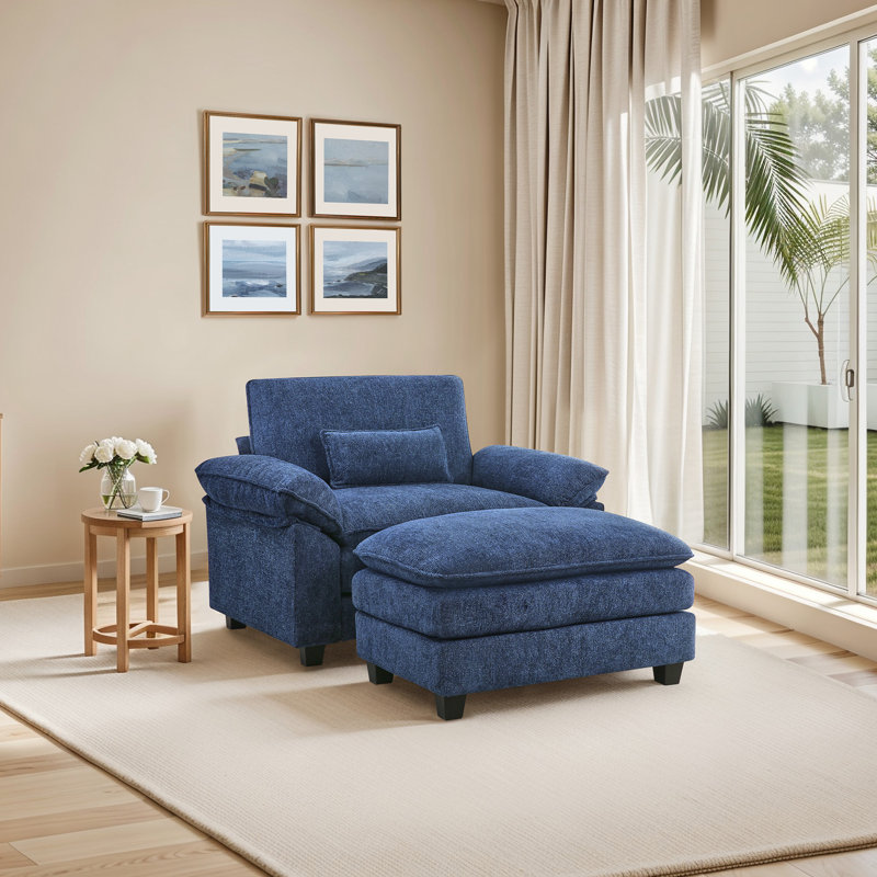 Upholstered Extra Wide Accent Chair With  Rectangle Ottoman, Dark Blue