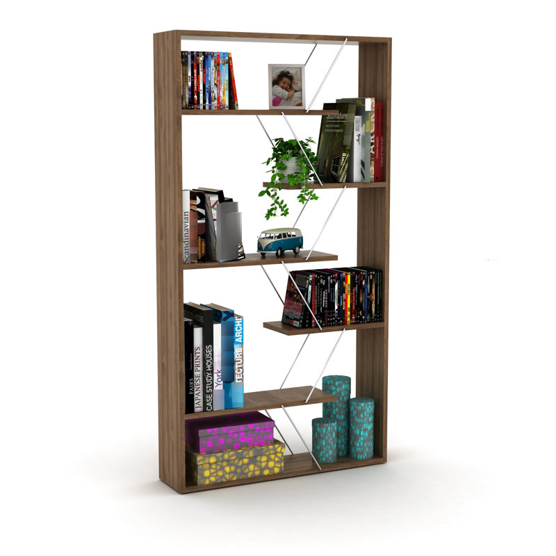 Modern 6-shelves Walnut Bookcase, Made Of Solid Wood For Office Living Industrial Style 6-shelf And Area