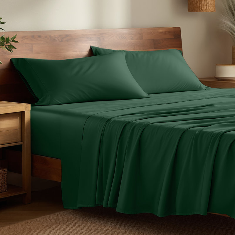 Sheet Set - Rayon from Bamboo, Forest Green, Split Head Flex King Sheet Set with 2 Pillowcases
