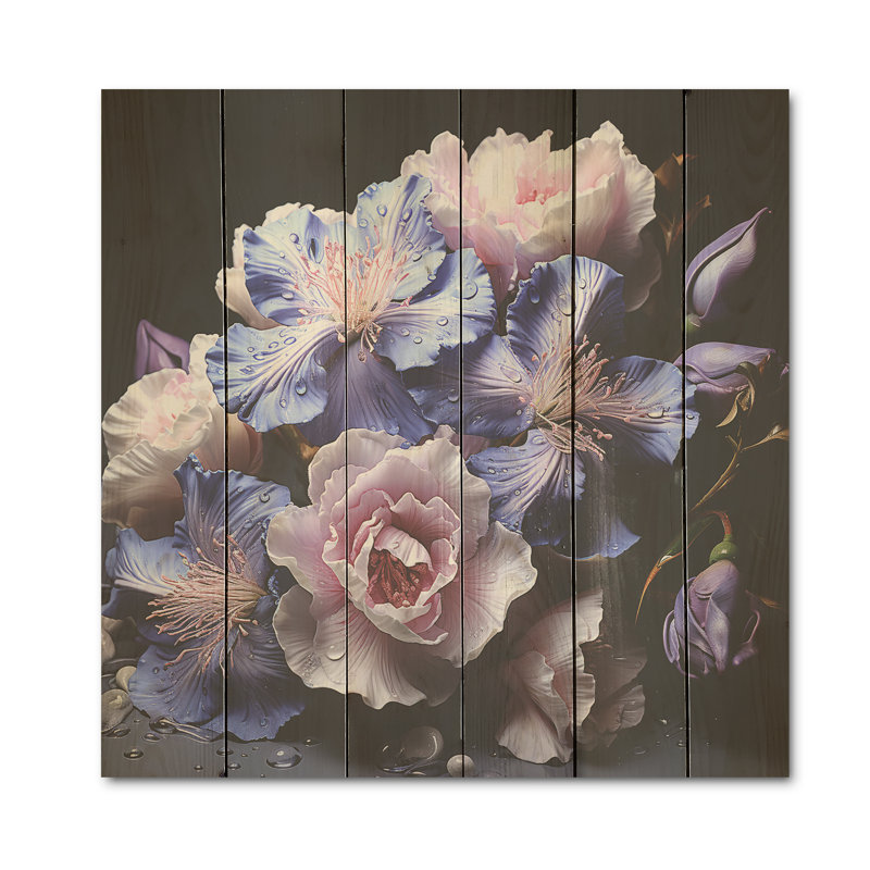 Détail détaillé des fleurs d'iris mauve foncé - iris, art mural sur bois de pin naturel, H 30 po x l 30 po