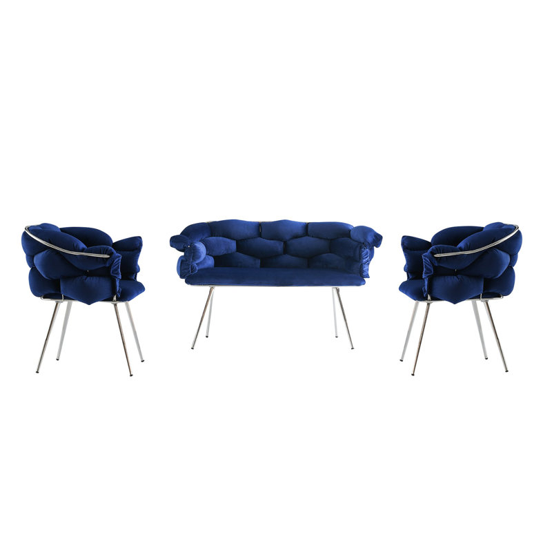 Ensemble de canapé moderne en velours bleu marine et chrome (3 pièces) de 53,1 x 31,1 x 25,6 pouces (2 places) et de 29,5 x 31,1 x 25,6 pouces (1 place) | Structure 100% métal, siège épais de 0,71 pouce | Élégant et durable, parfait pour les salons et les espaces de détente