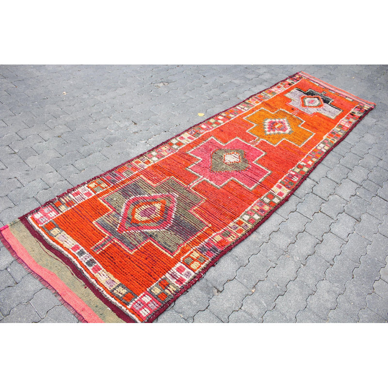 Tapis de couloir turc rétro avec motif géométrique rouge Anatolian
