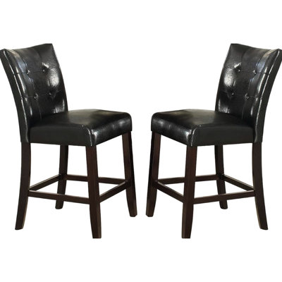 De 2 chaises de hauteur de comptoir d'apparence moderne, similicuir noir, dossier, assise coussinée, cuir de construction en bois, style contemporain, coussin d'assise, structure