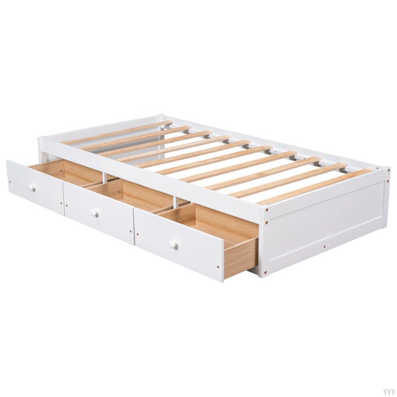 Lit plateforme simple avec rangement et 3 tiroirs, Blanc
