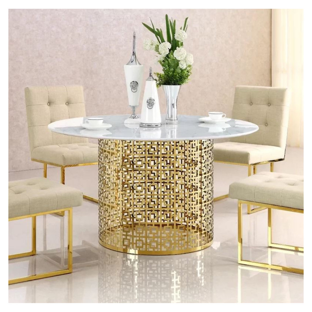 Everly Quinn Elegant Round Dining Table With Marble Top And Metal Base ...