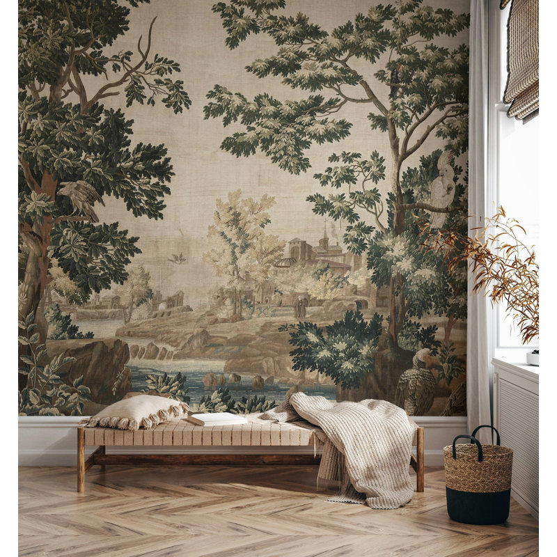 Papier peint rétro avec paysage, arbres, oiseaux et scène sereine, L 140 po x L 108 po