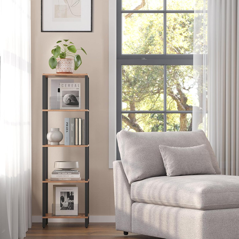 Tall Bookcase Shelf For Small Spaces, Narrow Stackable Storage Shelf For Living Room, Office, Study, Entryway - Industrial Rustic Design