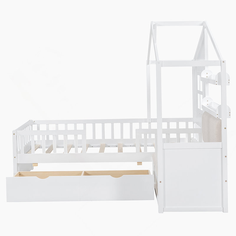 Lit House avec canapé, lit plateforme pour enfants avec deux tiroirs et tablette de rangement