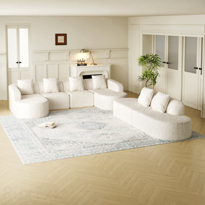 111.8-Inch L-Shaped Curved Modular Sofa, Modern Design Featuring Lychee-Textured Long-Pile Polyester Fabric, Curved Backrest With Three Pillows