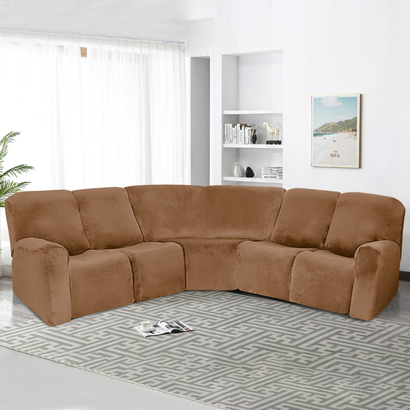 Housse pour canapé modulaire en velours extensible 7 pièces - Housse pour canapé en L inclinable - Lavable, Velours taupe