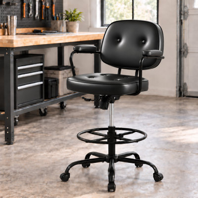 Vintage Faux Leather Drafting Chair with Armrests & Foot Ring, Height Adjustable Swivel Rolling Tall Office Chair