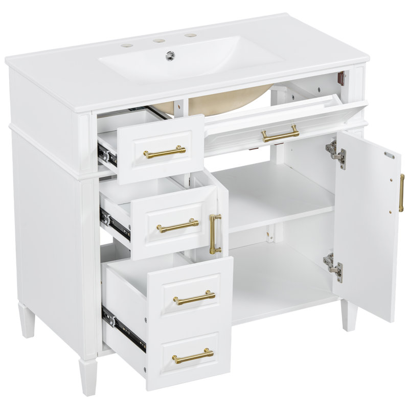 Meuble-lavabo autoportant de 36 po avec lavabo en céramique, armoire moderne simple en bois de pin et en bois aggloméré, 4 tiroirs, 2 portes à fermeture en douceur, quincaillerie dorée, assemblage facile