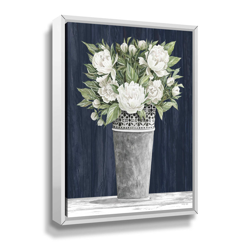 «Punched Tin White Floral» par Cindy Jacobs, reproduction d'art sur toile blanche et bleue, H 10 po x l 8 po x P 2 po