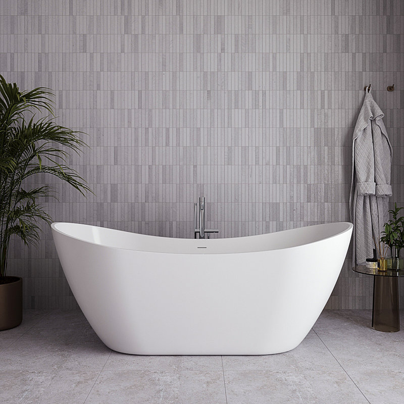Baignoire autoportante 71 po blanc brillant avec drain interne Streamline, Chrome poli