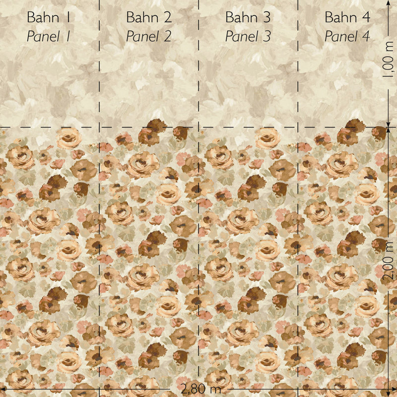 Julie Feels Home Glitter/Shimmer Paeonia Flowers and Plain Twinwall Design 4-panel Wall Mural, Mandarine Beige