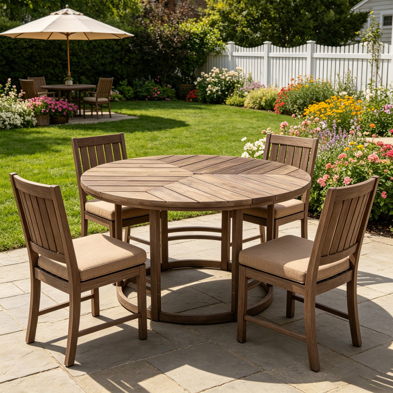 Table de salle à manger ronde en bois d'acacia massif brun rustique avec trou pour parasol, Brun