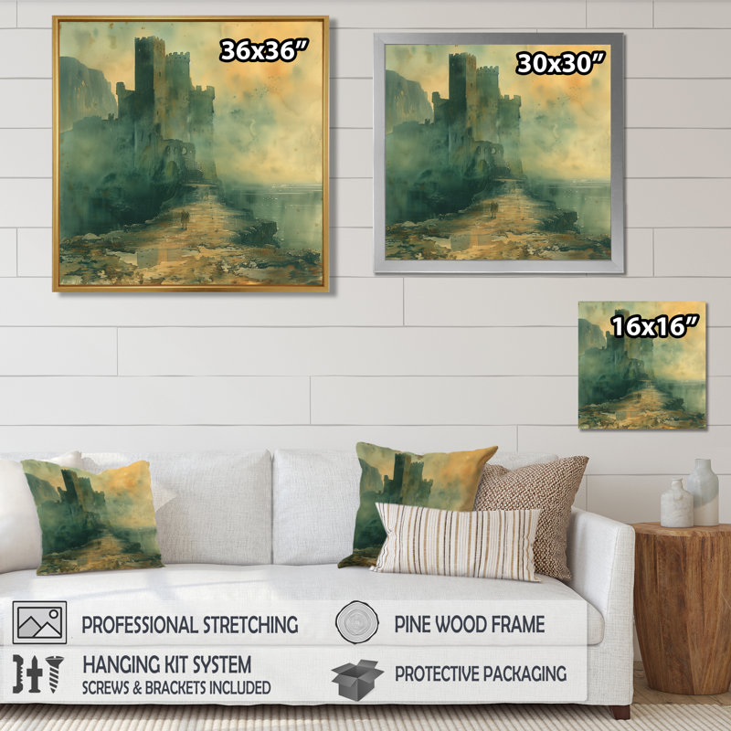 Impression d'art mural vert et orange forteresse médiévale, Toile encadrée noire simple, H 16 po x l 16 po x P 1 po