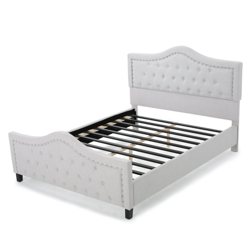 Upholstered Size Platform Bed Frame, Arched Nailhead Decor Headboard And Footboard, Button Tufted Design, No Box Spring Needed, Easy To Assemble, Ivory