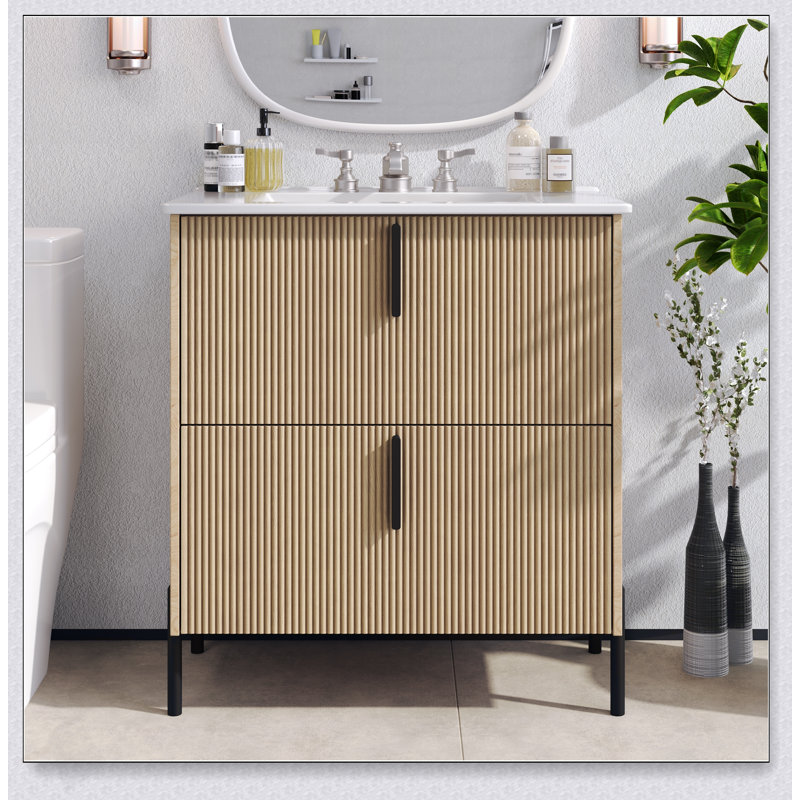 Meuble-lavabo de 30 pouces avec lavabo en céramique, tiroirs pleine extension et conception cannelée pour une élégance moderne